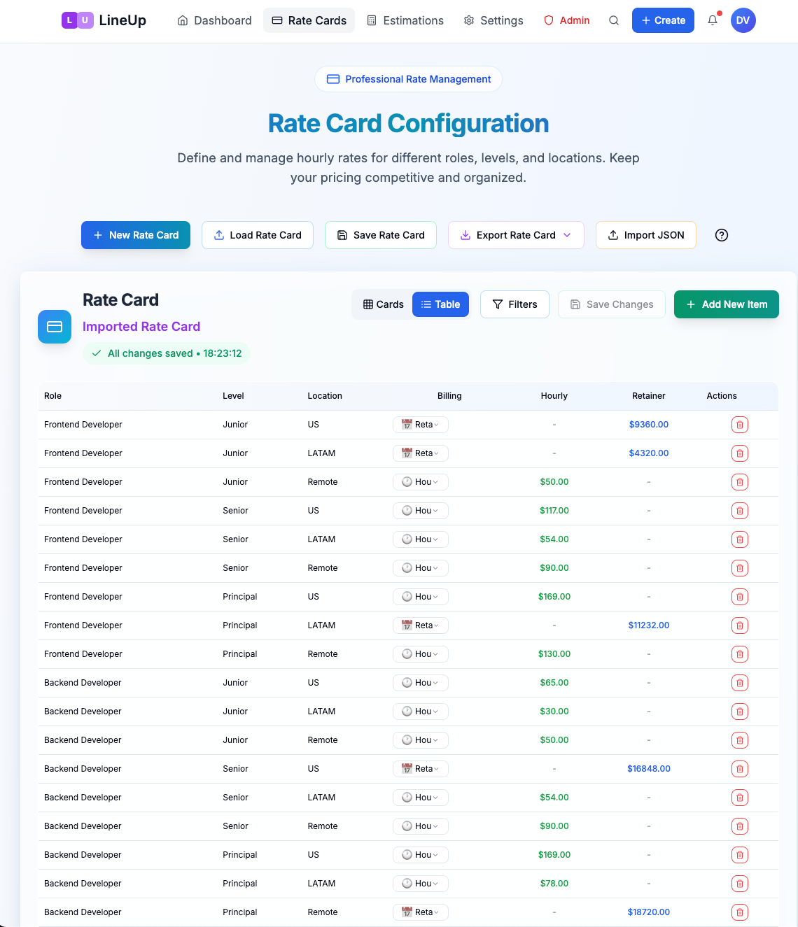 Rate Card Table View